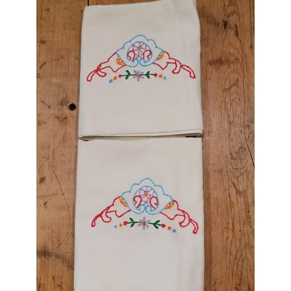 Vintage Hand Embroidered Pillowcases Set Pair White Folk Art Floral Cottagecore